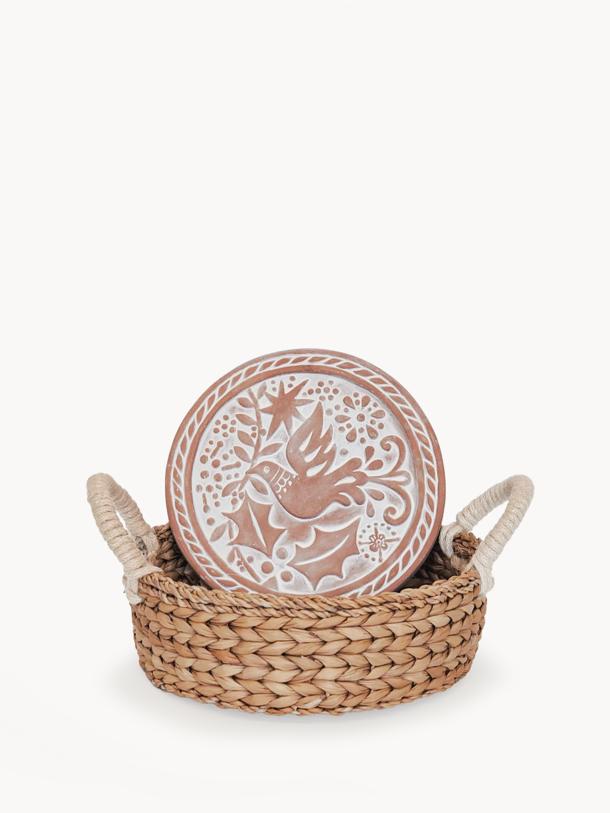 Handcrafted Bird Round Bread Warmer made of terracotta with a seagrass basket, featuring a unique bird engraving.