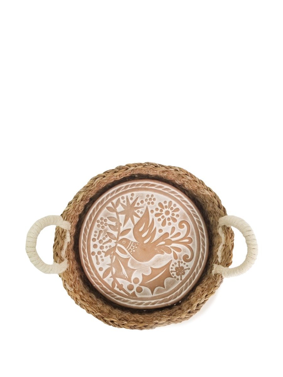 Handcrafted Bird Round Bread Warmer made of terracotta with a seagrass basket, featuring a unique bird engraving.