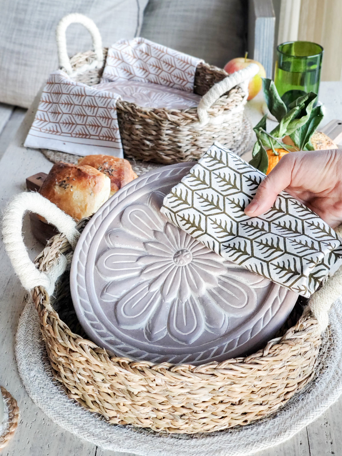 Vintage Flower Bread Warmer and Basket Gift Set featuring terracotta warmer, handwoven seagrass basket, and printed tea towel.