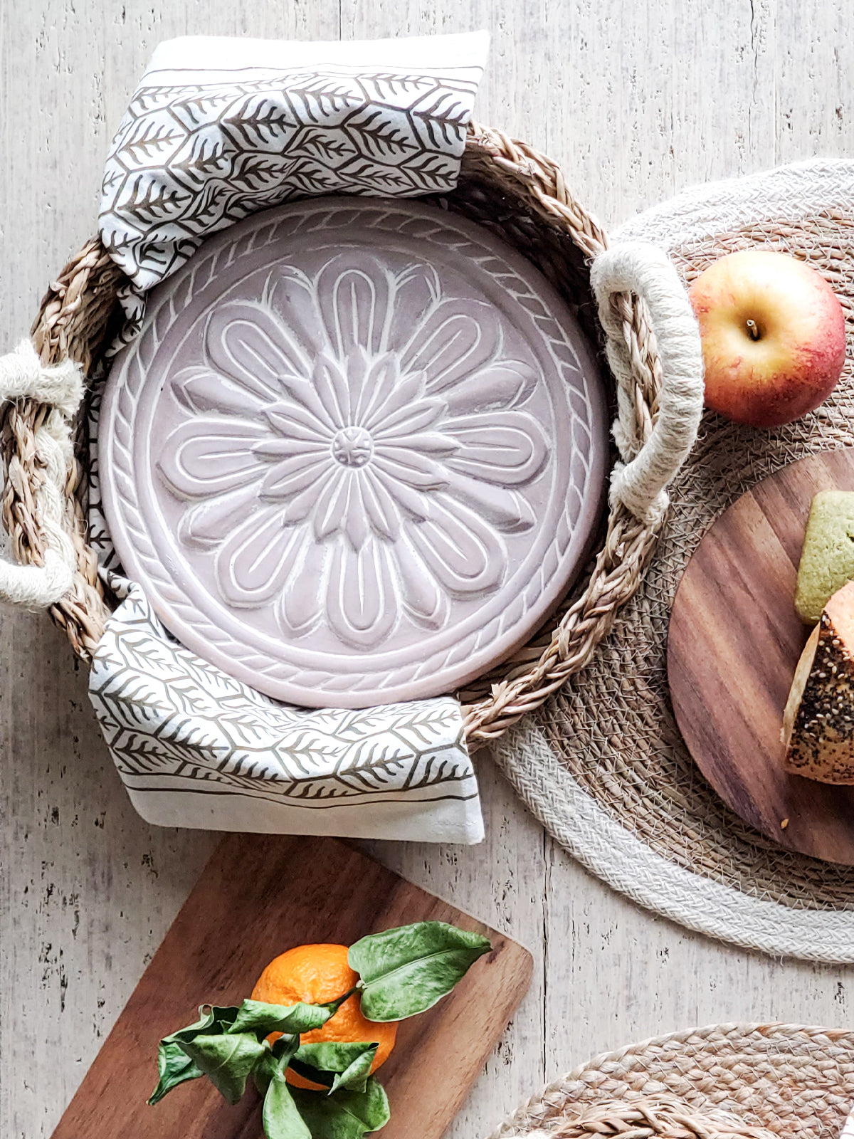 Vintage Flower Bread Warmer and Basket Gift Set featuring terracotta warmer, handwoven seagrass basket, and printed tea towel.