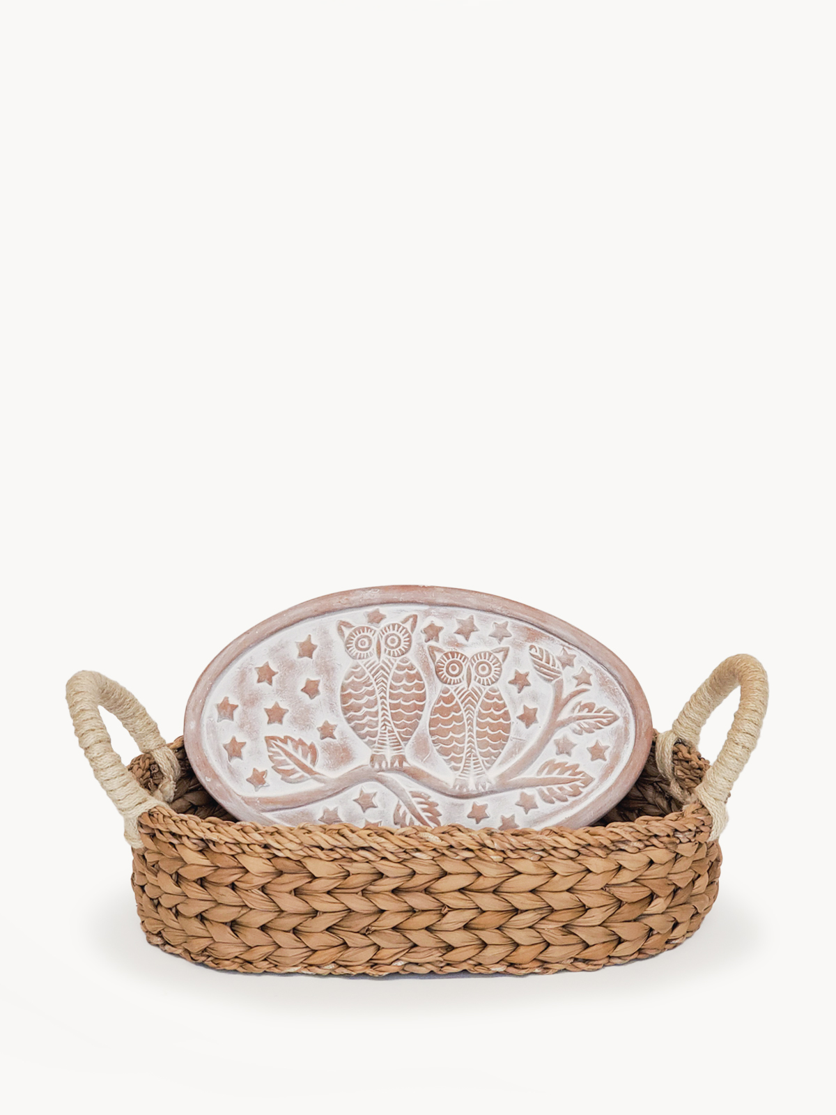 Owl Oval Bread Warmer and Basket set made from terracotta and seagrass, featuring an engraved owl design.