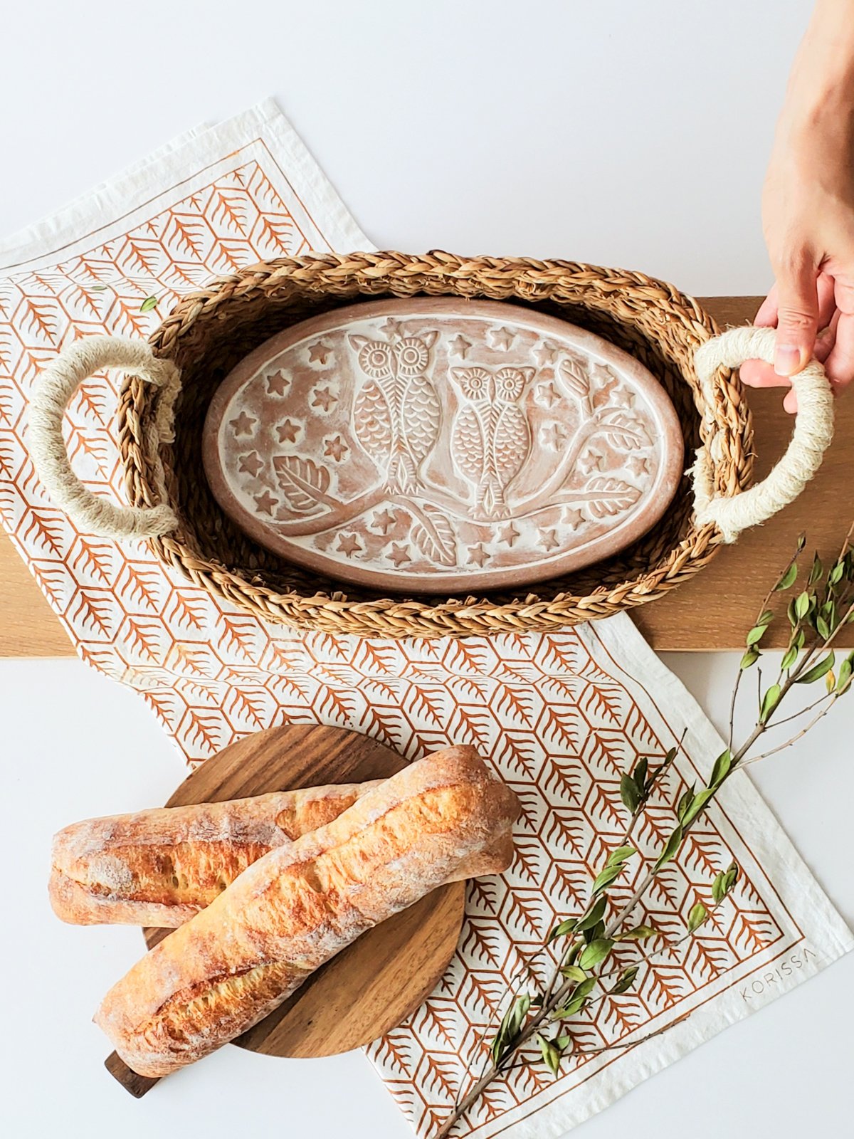 Owl Oval Bread Warmer and Basket set made from terracotta and seagrass, featuring an engraved owl design.