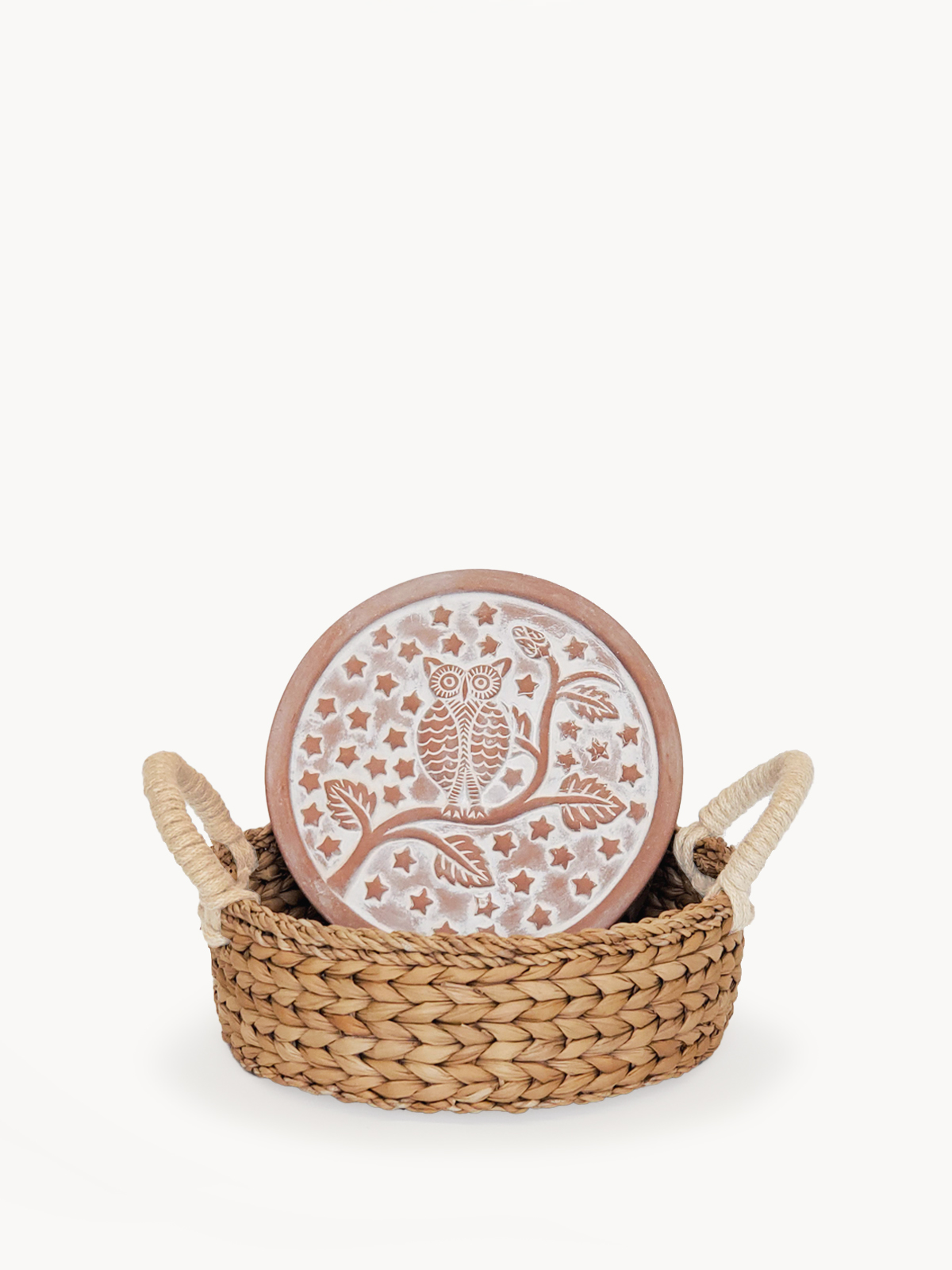 Owl Round Bread Warmer and handwoven seagrass basket, featuring a cute owl design on a terracotta plate.