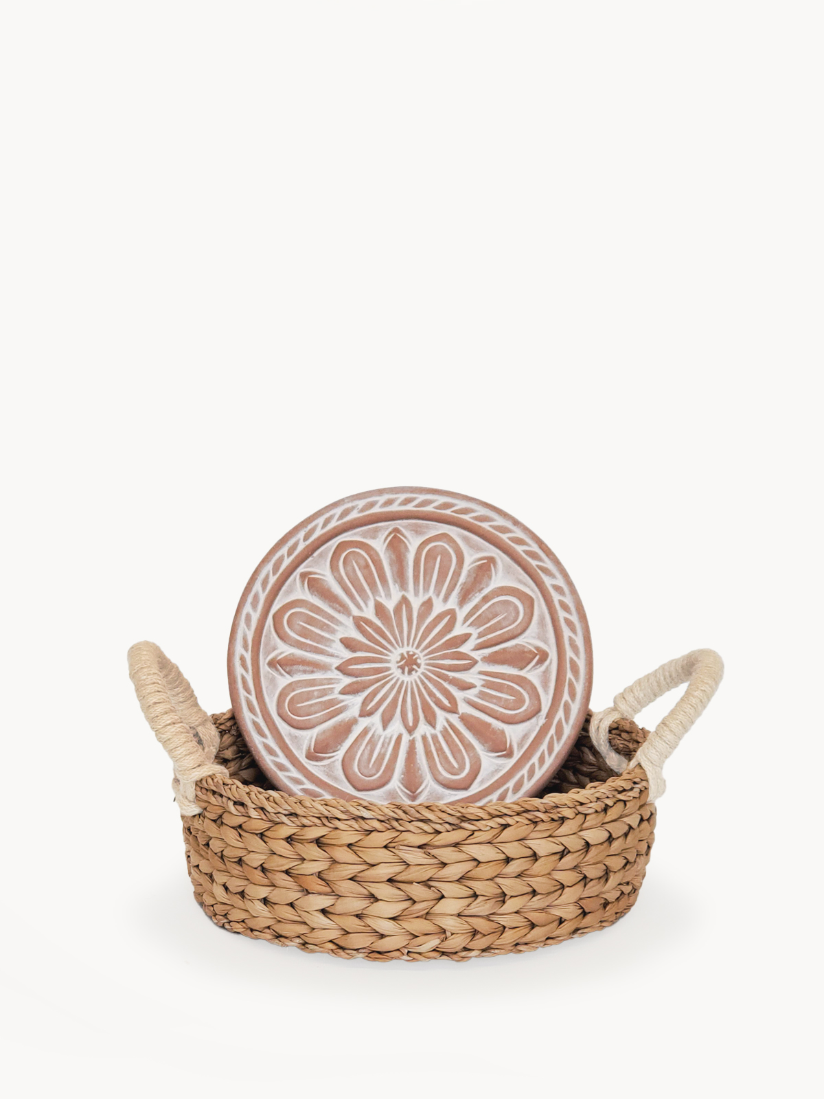 Vintage Flower Bread Warmer and Basket set featuring a terracotta plate with an owl design and a handwoven seagrass basket.