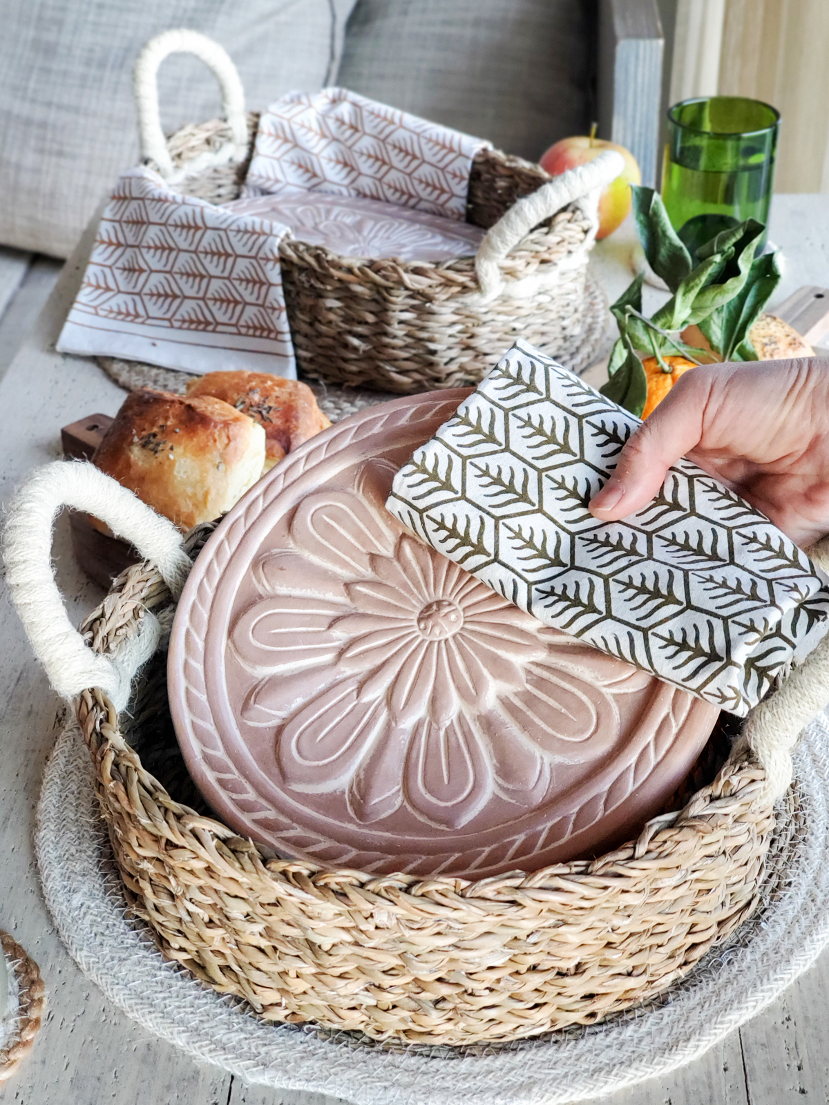 Vintage Flower Bread Warmer and Basket set featuring a terracotta plate with an owl design and a handwoven seagrass basket.