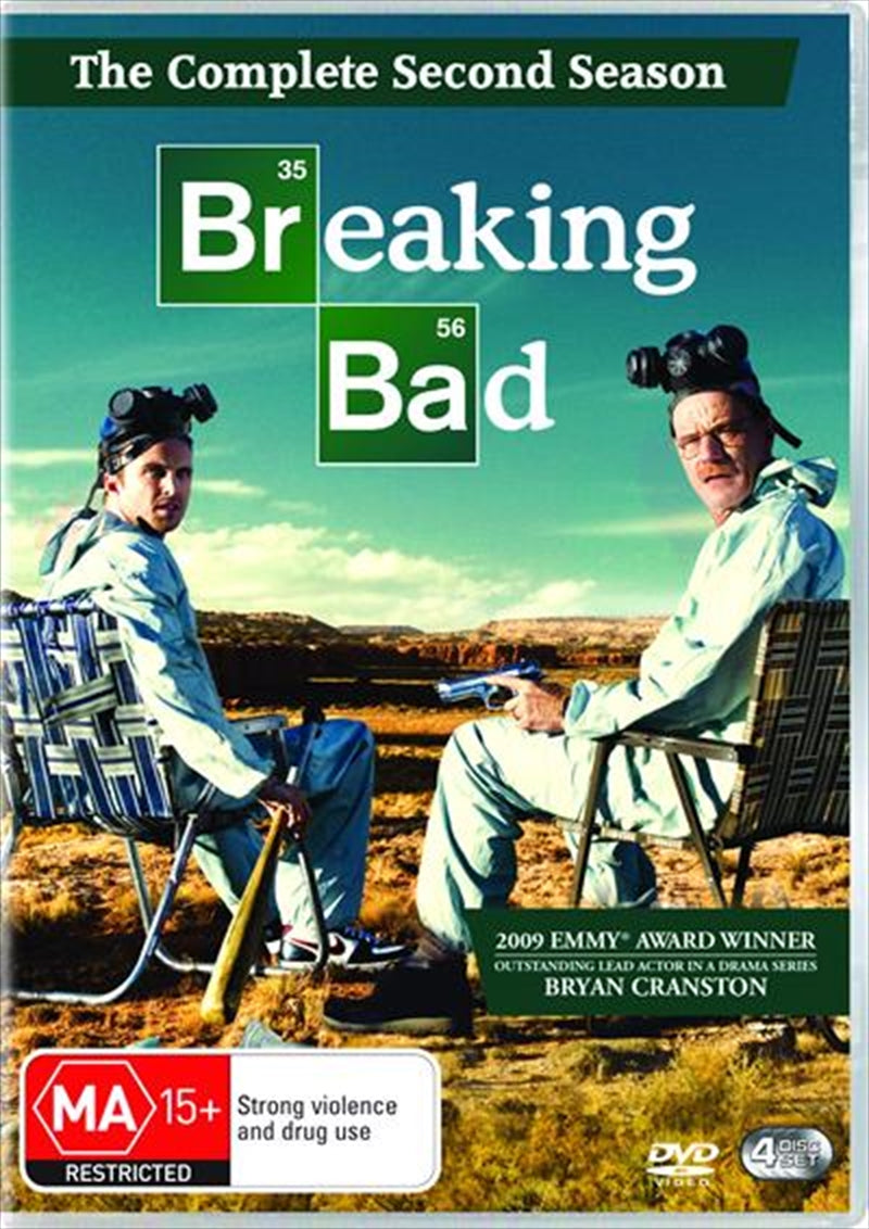 Breaking Bad - Season 02 DVD cover featuring Walter White and Jesse Pinkman, showcasing intense drama and crime themes.