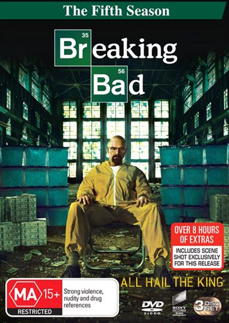 Breaking Bad Season 5 DVD cover featuring Walter White and Jesse Pinkman, showcasing intense drama and action.