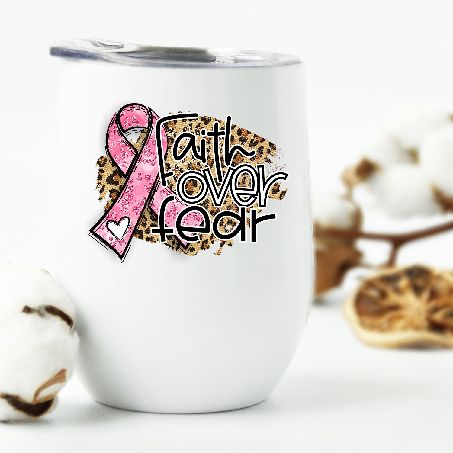 Breast Cancer Faith Over Fear Wine Tumbler with lid, showcasing a stylish design and insulated stainless steel exterior.