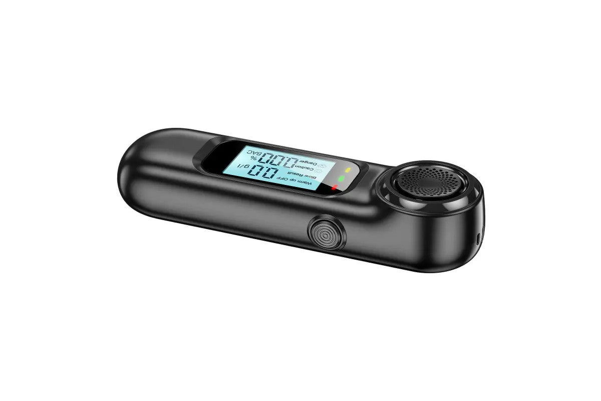 Compact digital breathalyser with LCD display for personal alcohol testing.