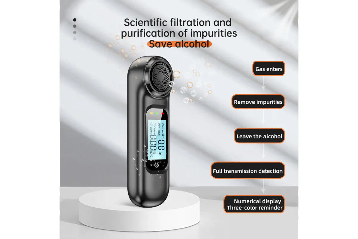 Compact digital breathalyser with LCD display for personal alcohol testing.