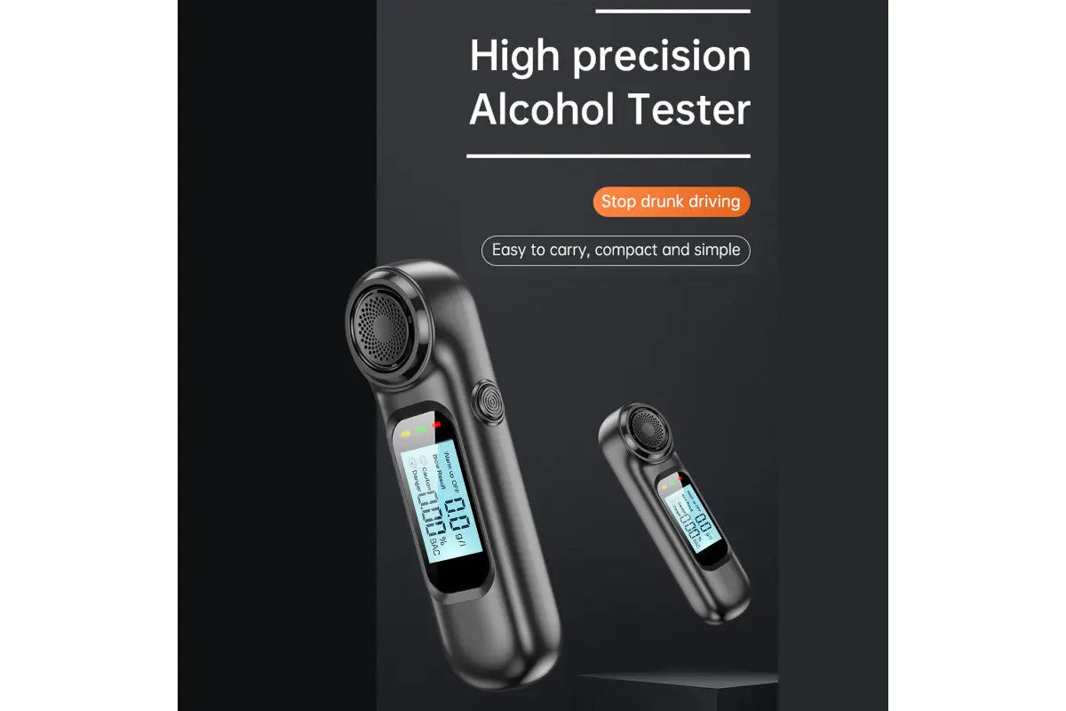 Compact digital breathalyser with LCD display for personal alcohol testing.