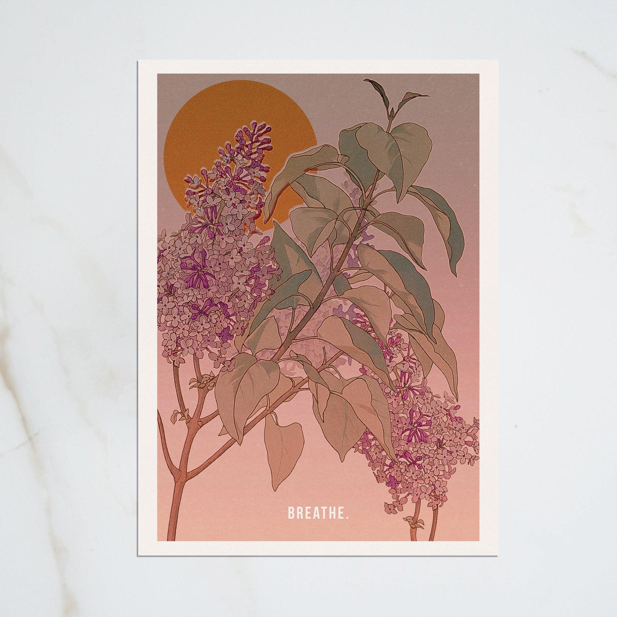 Breathe Art Print featuring vintage floral design with text option, available in A4 and A3 sizes.