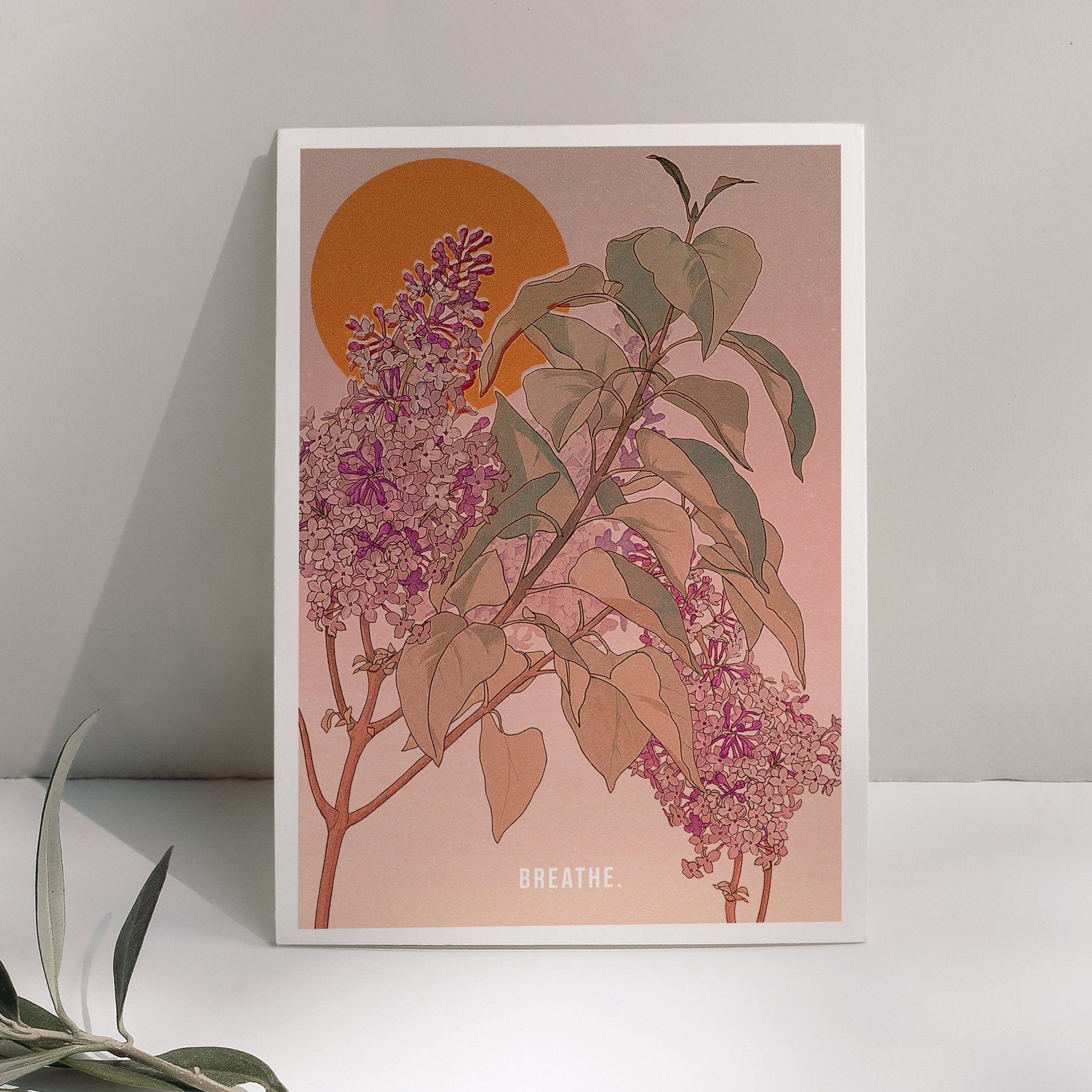 Breathe Art Print featuring vintage floral design with text option, available in A4 and A3 sizes.