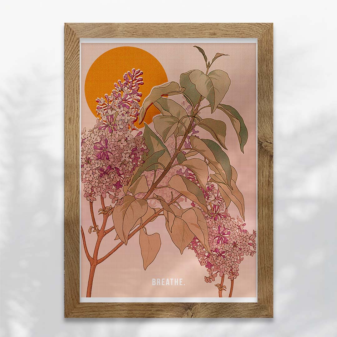 Breathe Art Print featuring vintage floral design with text option, available in A4 and A3 sizes.