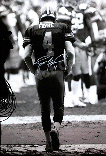 Brett Favre B&W Autograph Promo Poster featuring a glossy finish and framed in chocolate espresso.