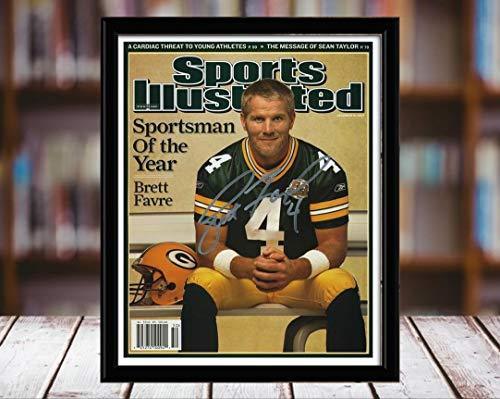 Framed Brett Favre Sports Illustrated Autograph Replica in black metal frame, showcasing iconic football memorabilia.