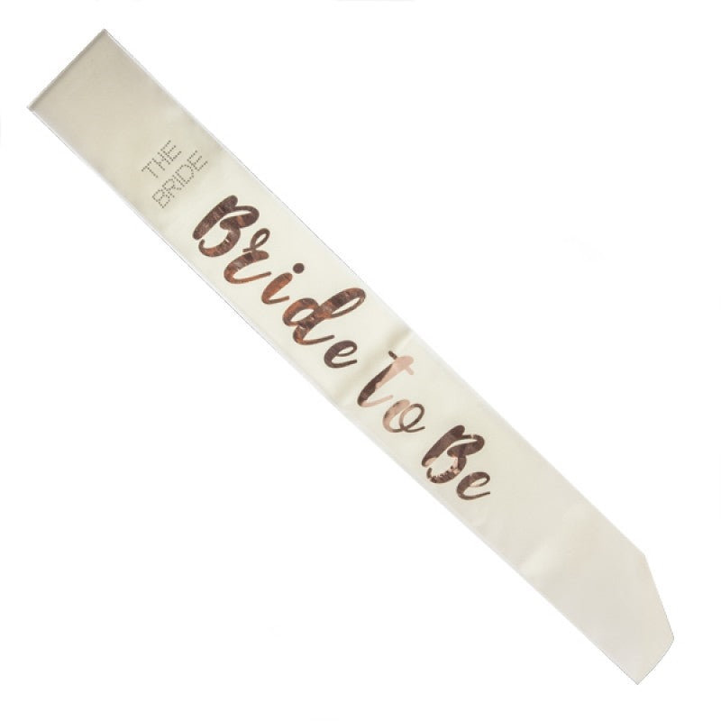 Bride to Be sash in white satin with rose gold lettering, elegantly designed for Hen's Night celebrations.