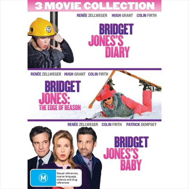 Bridget Jones's Diary movie poster featuring Renée Zellweger, Hugh Grant, and Colin Firth in a romantic comedy setting.