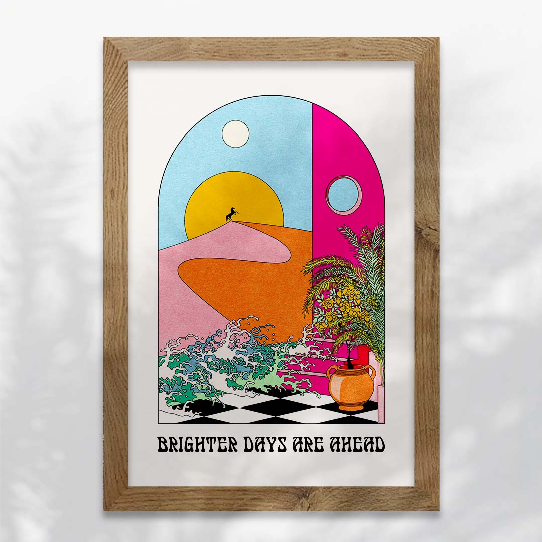 Brighter Days Ahead Art Print featuring sun and sea waves with positive typography.