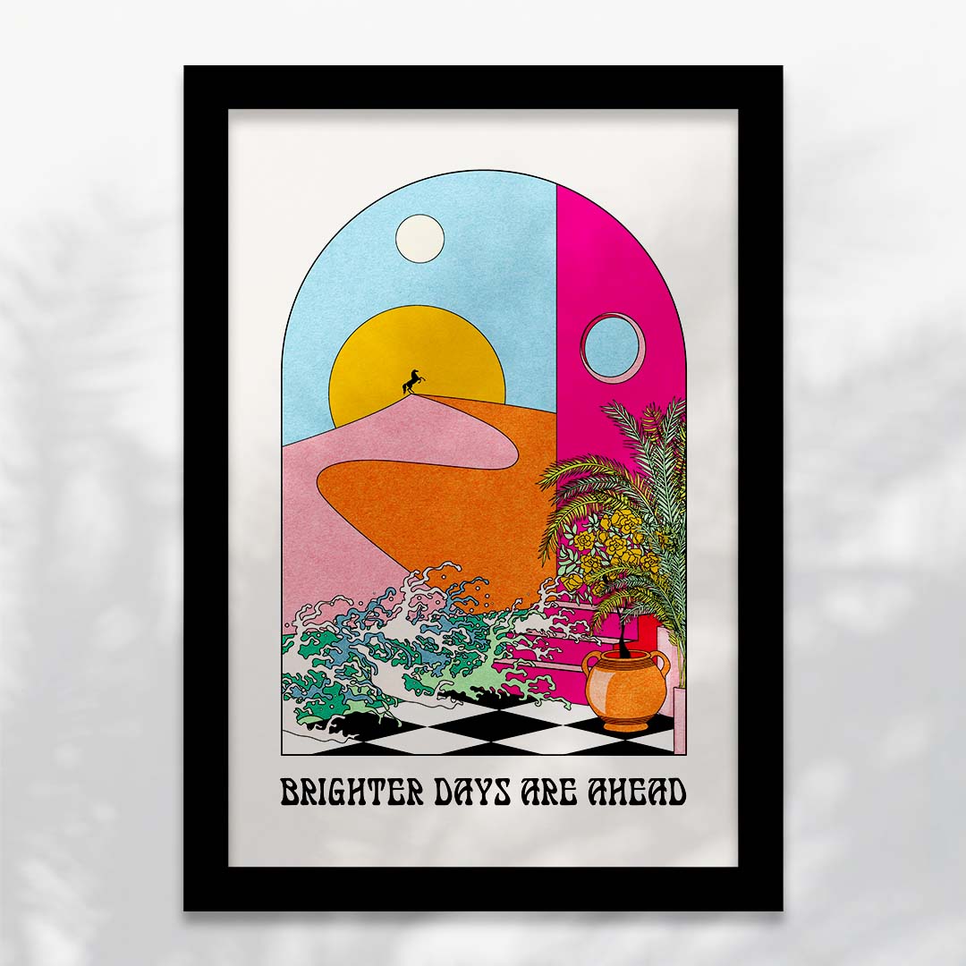 Brighter Days Ahead Art Print featuring sun and sea waves with positive typography.