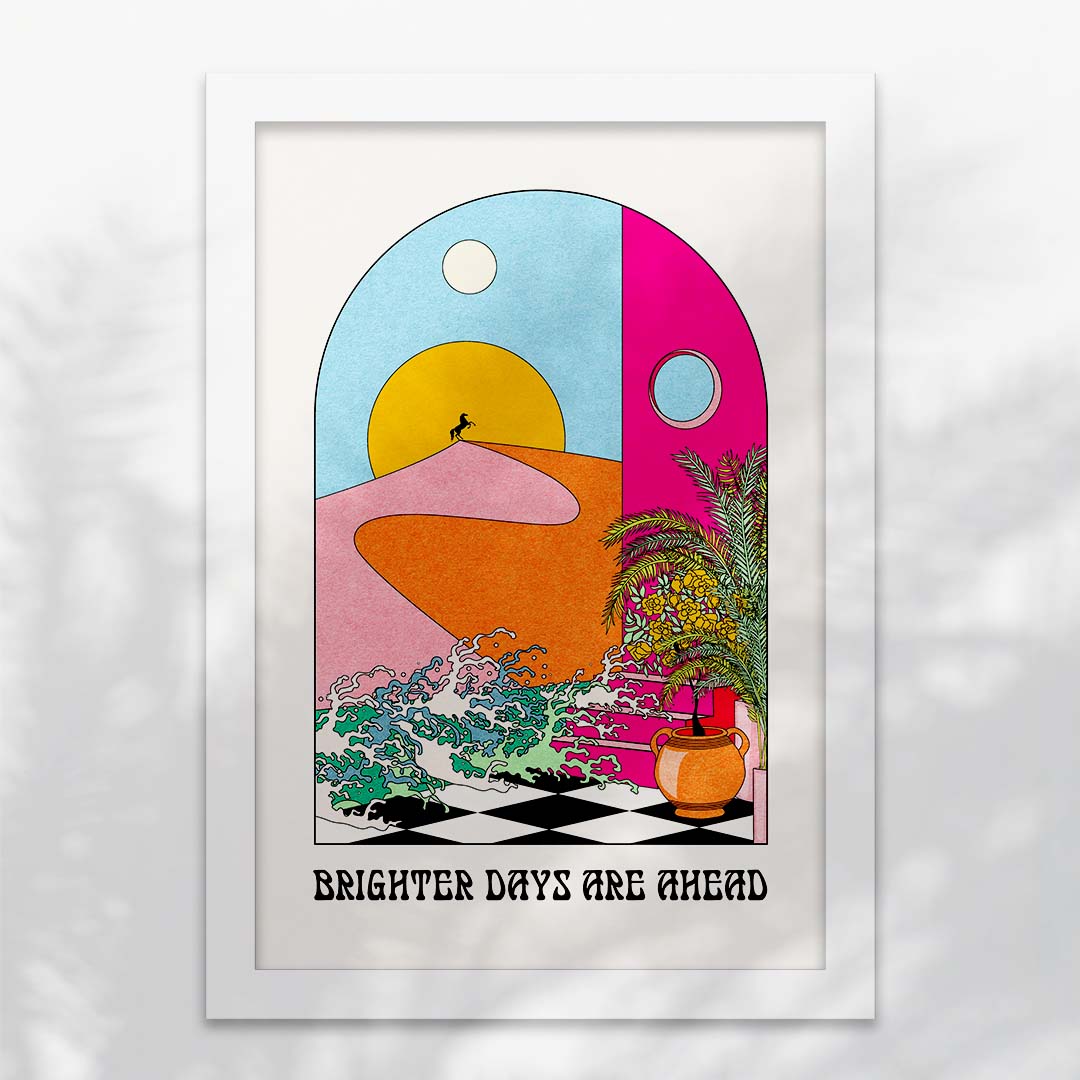 Brighter Days Ahead Art Print featuring sun and sea waves with positive typography.