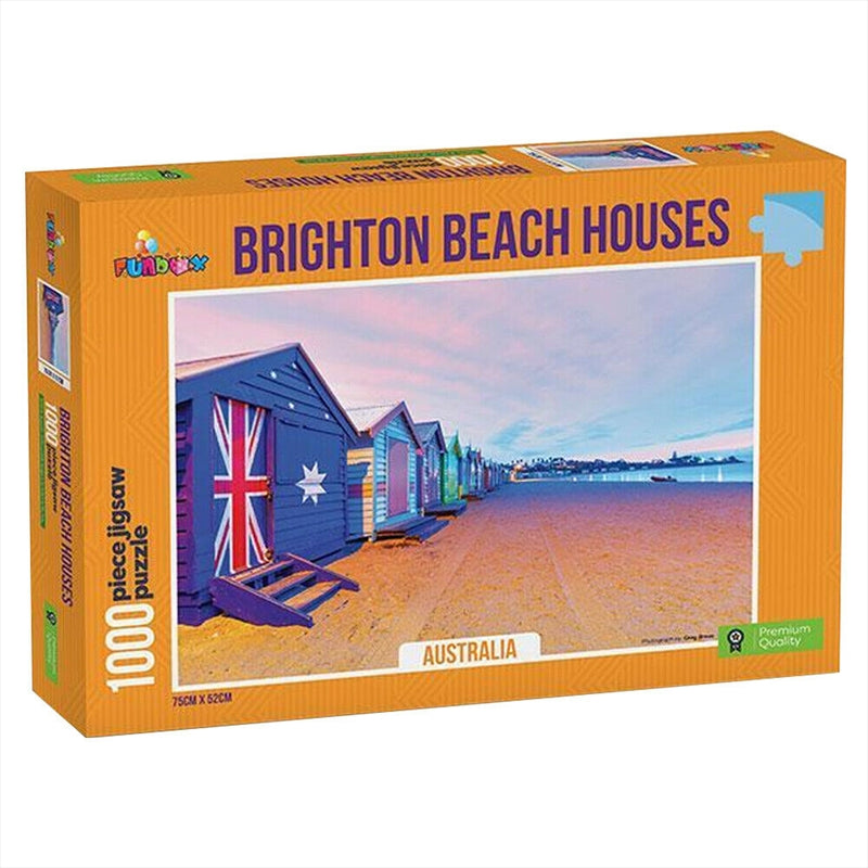 A vibrant 1000-piece jigsaw puzzle depicting Brighton Beach with colorful bathing boxes and ocean scenery.