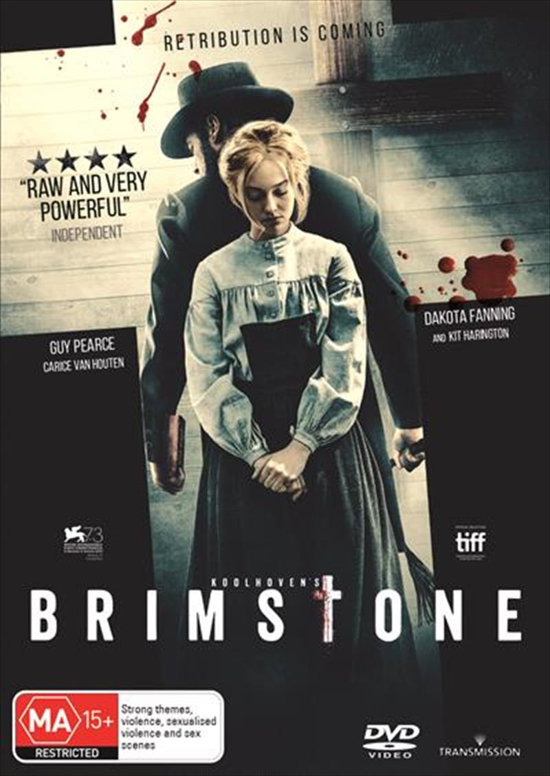 Brimstone DVD cover featuring a suspenseful scene with a shadowy figure and ominous background.