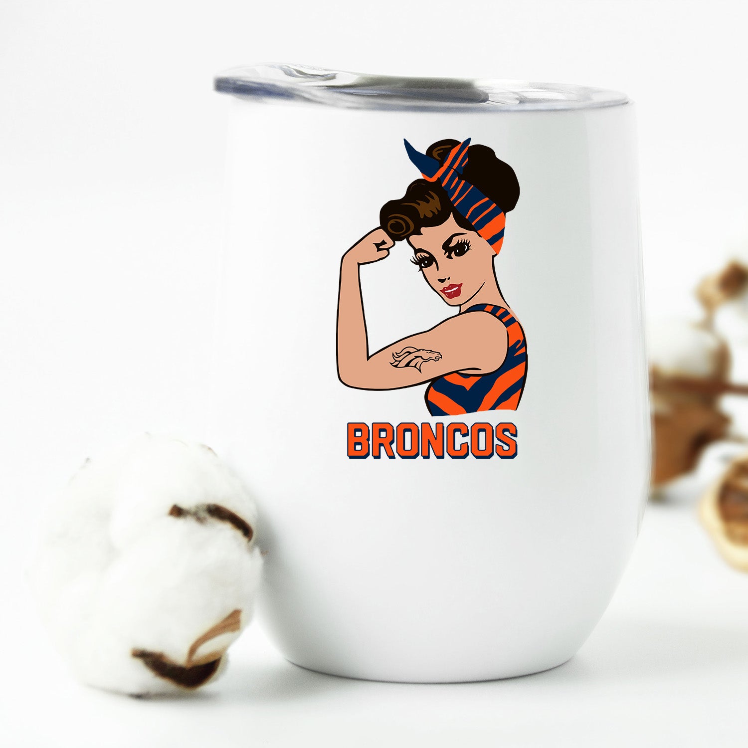 Broncos Riveter Wine Tumbler with lid, showcasing its stylish design and insulated stainless-steel exterior.