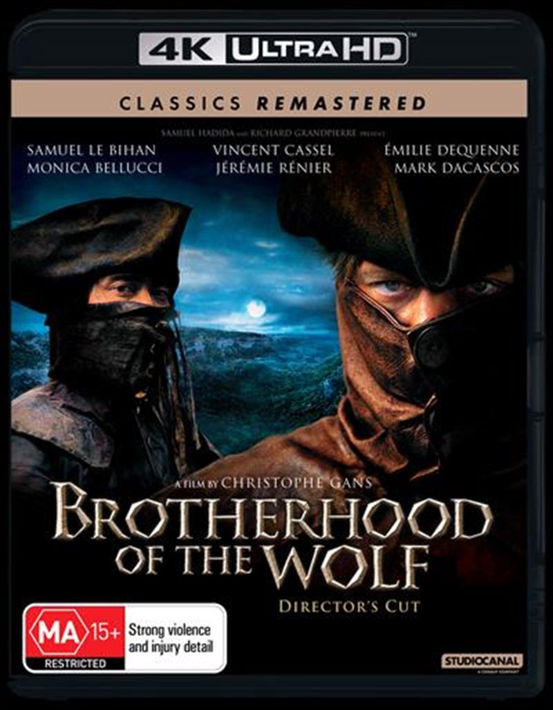 Brotherhood Of The Wolf UHD cover featuring a mysterious beast in a dark forest, with characters in historical attire.