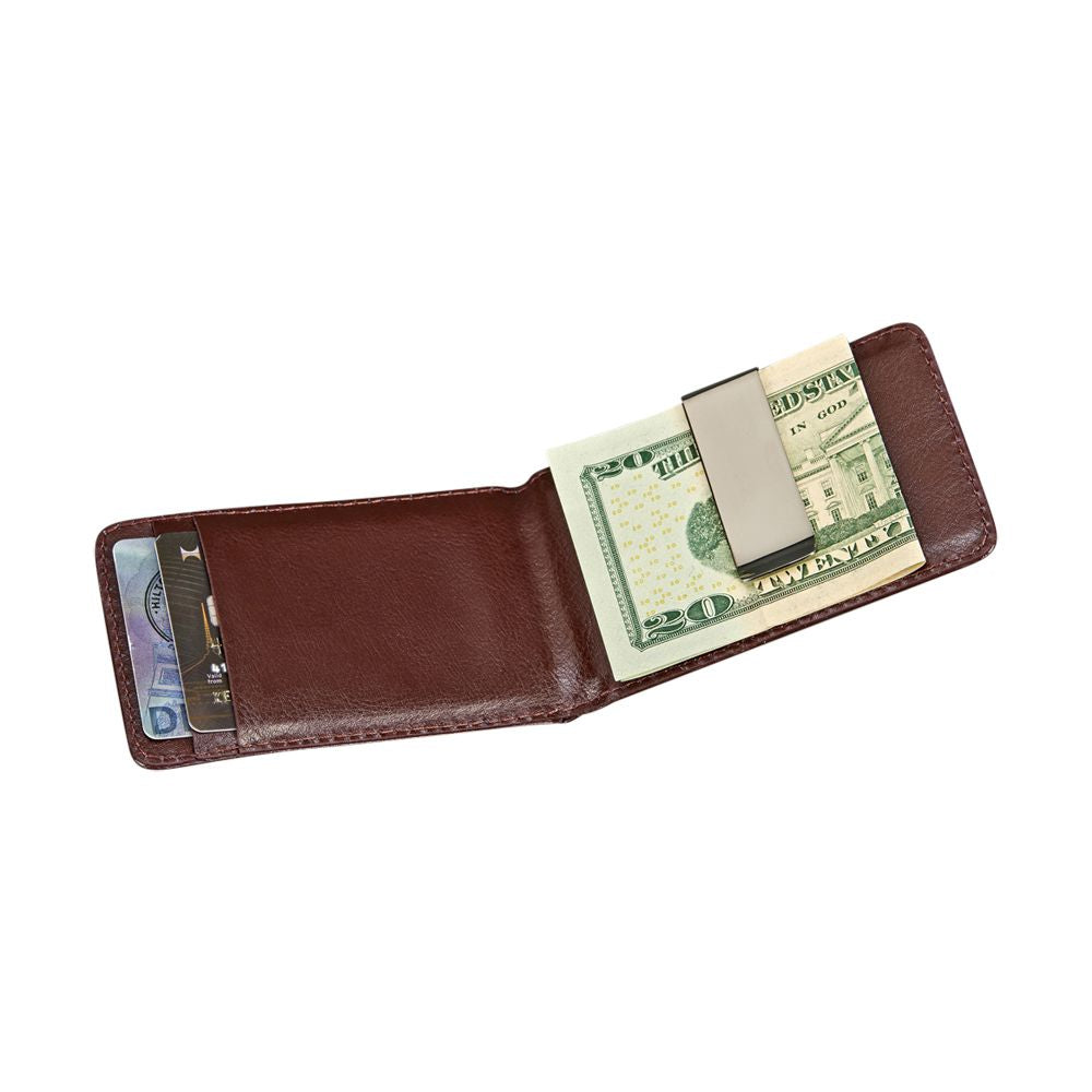 Brown leather billfold style case with money clip, showcasing its elegant design and compact size.