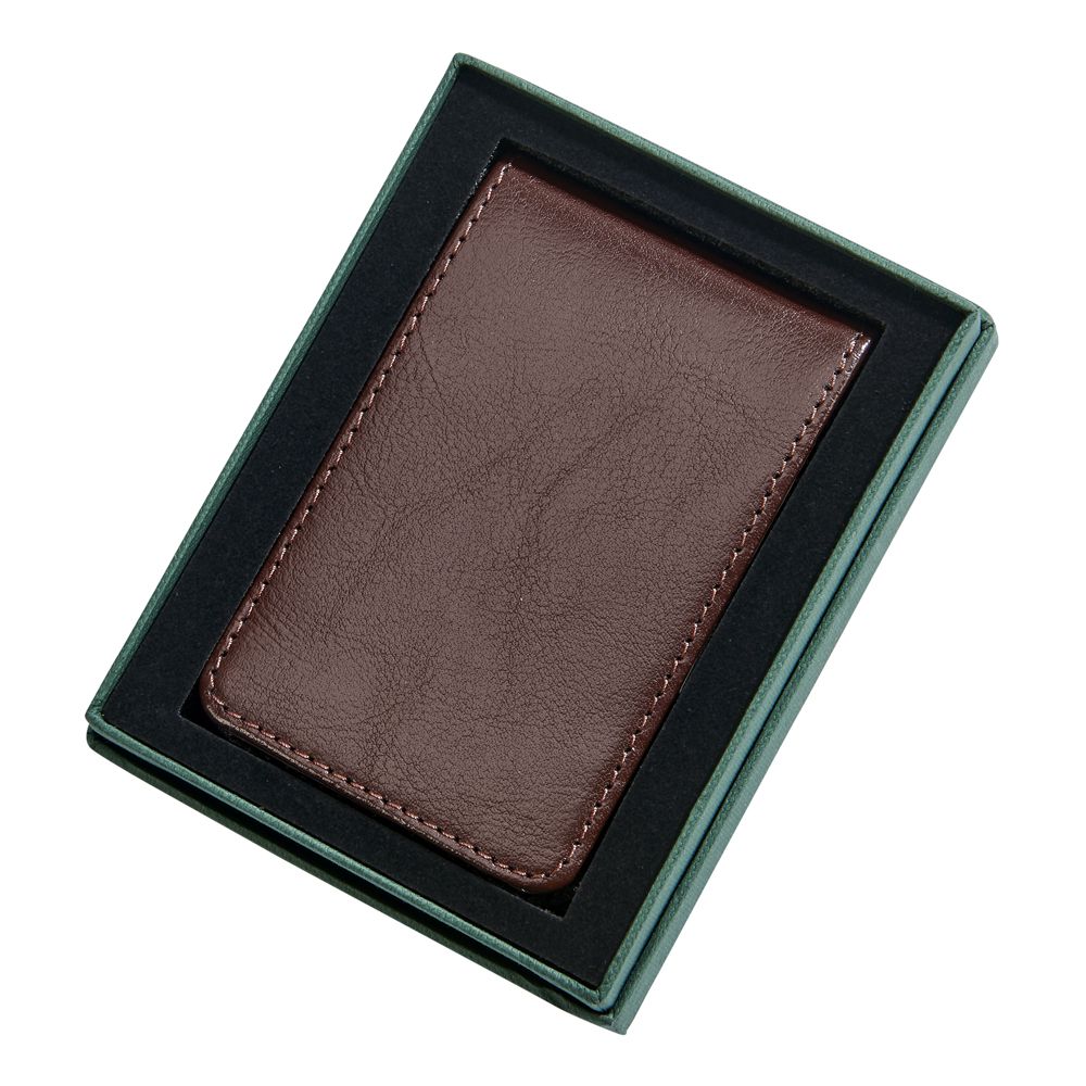 Brown leather billfold style case with money clip, showcasing its elegant design and compact size.