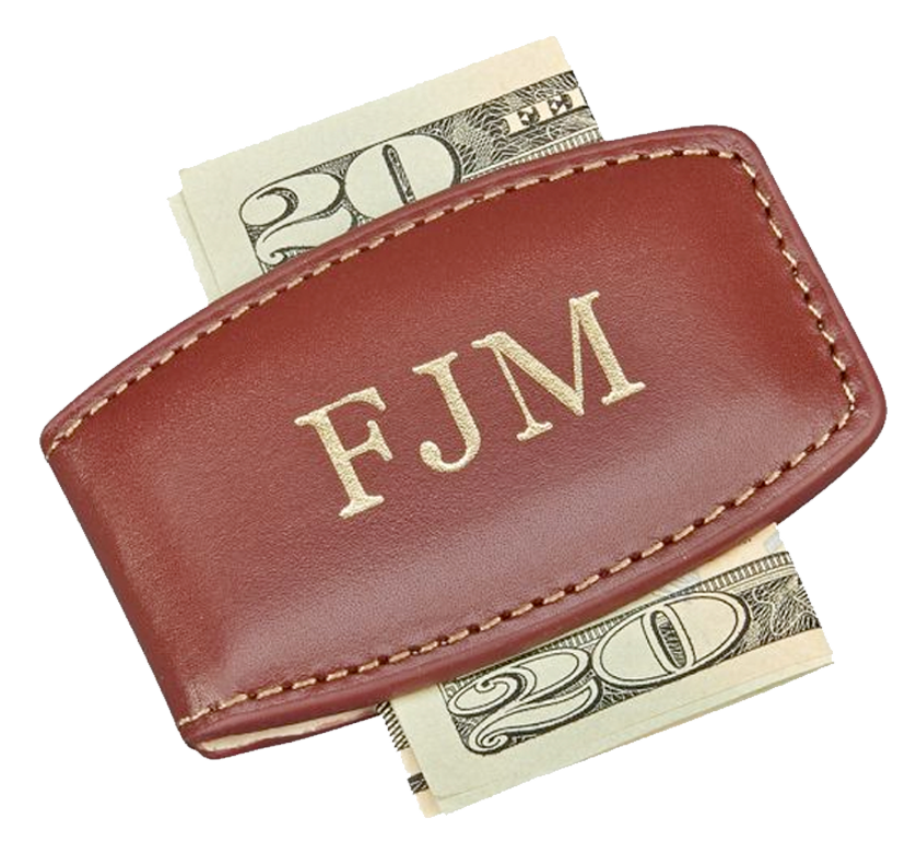 Brown leather money clip with embedded magnets and detailed stitching, elegantly designed for secure cash holding.