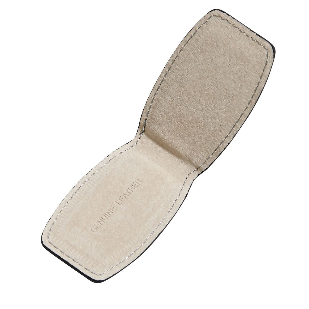 Brown leather money clip with embedded magnets and detailed stitching, elegantly designed for secure cash holding.