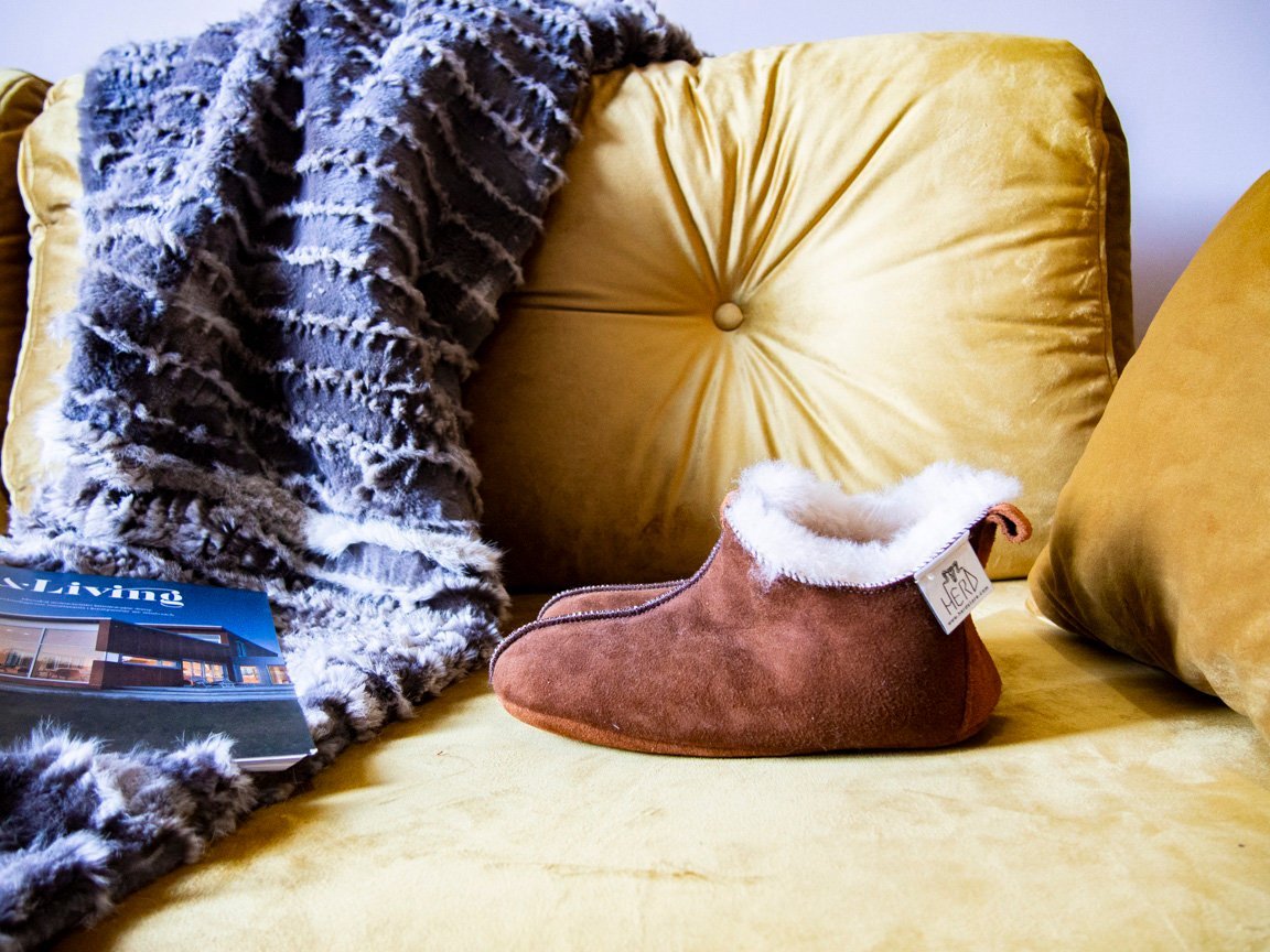 Elegant brown leather slippers with natural fur lining, designed for comfort and durability.