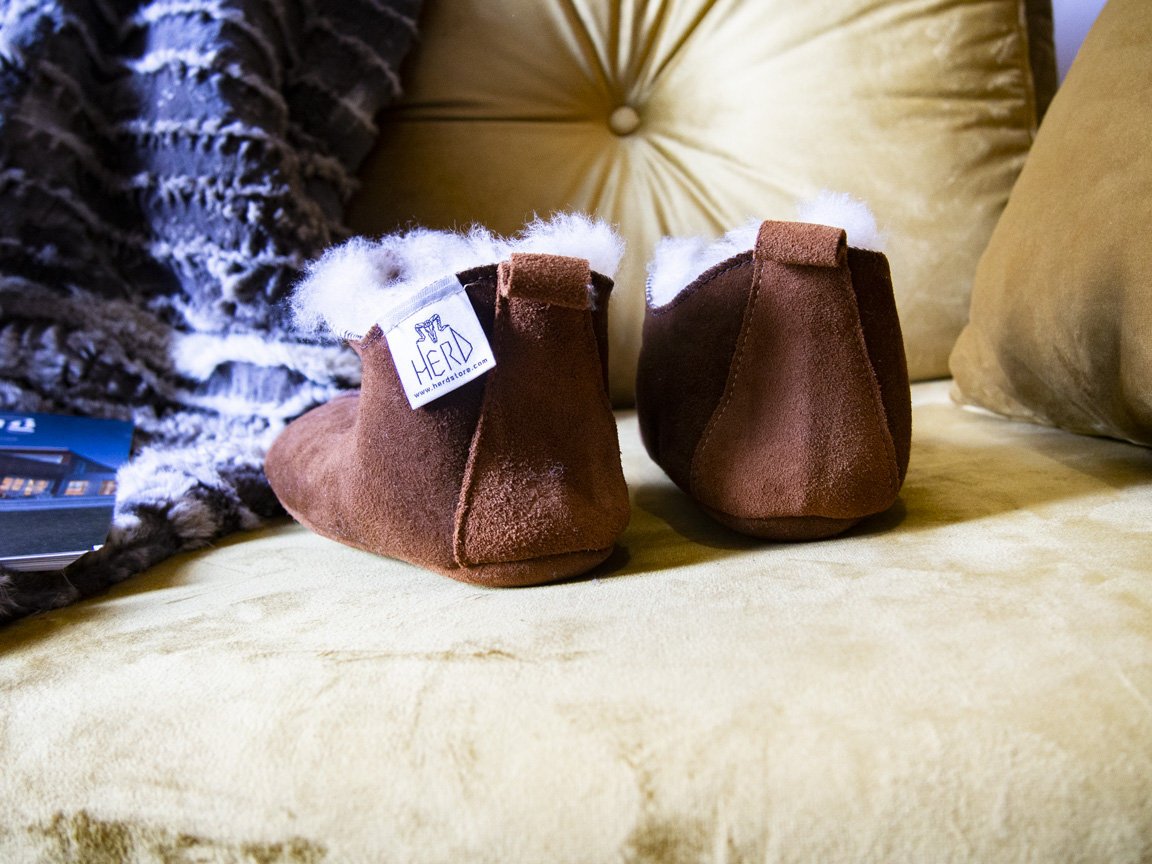 Elegant brown leather slippers with natural fur lining, designed for comfort and durability.