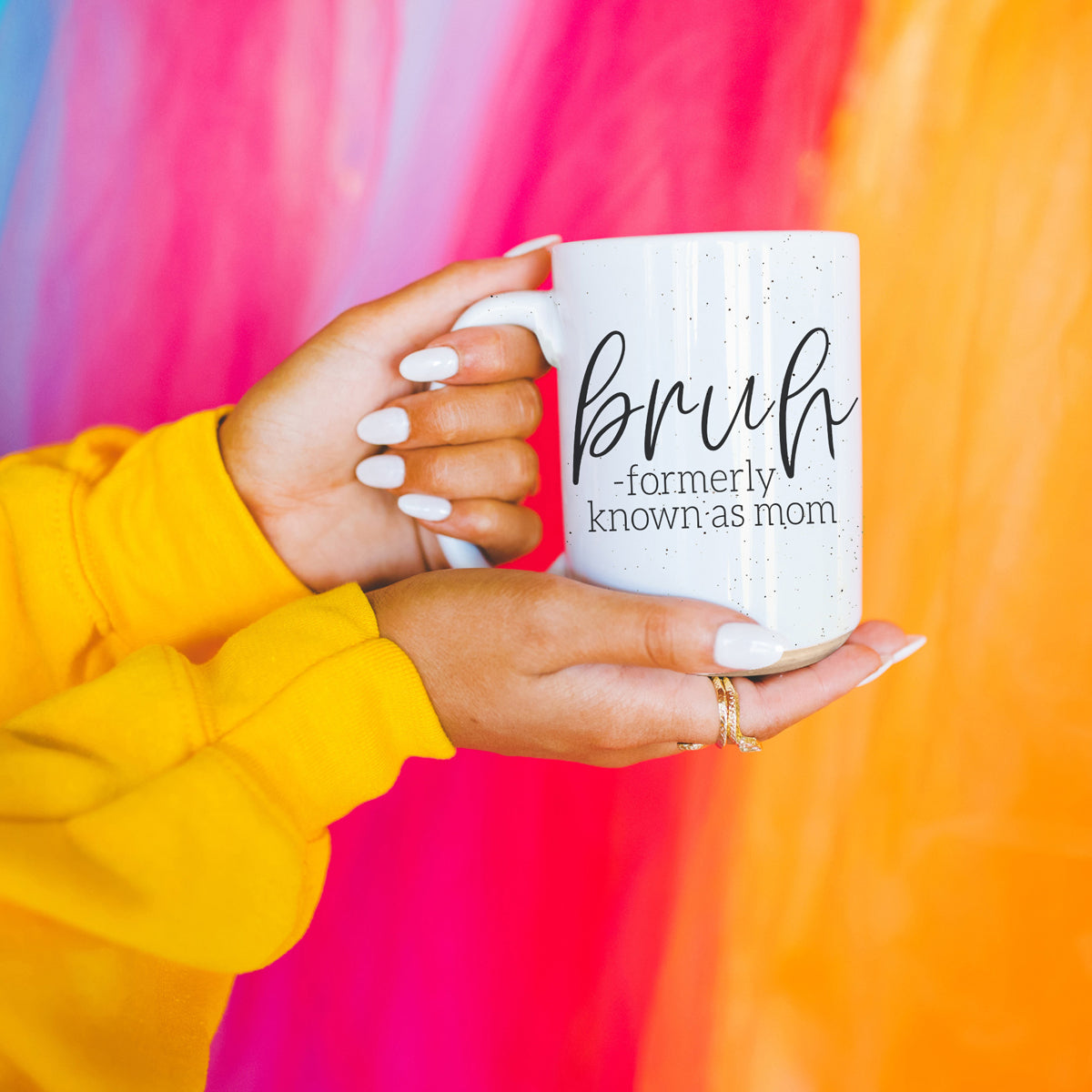 Bruh 16oz ceramic mug with humorous graphic design, off white color with dark speckles, perfect for coffee or tea.