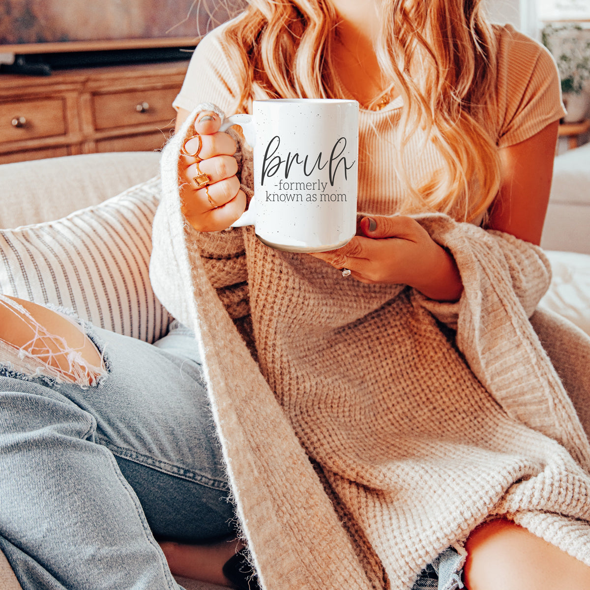 Bruh 16oz ceramic mug with humorous graphic design, off white color with dark speckles, perfect for coffee or tea.