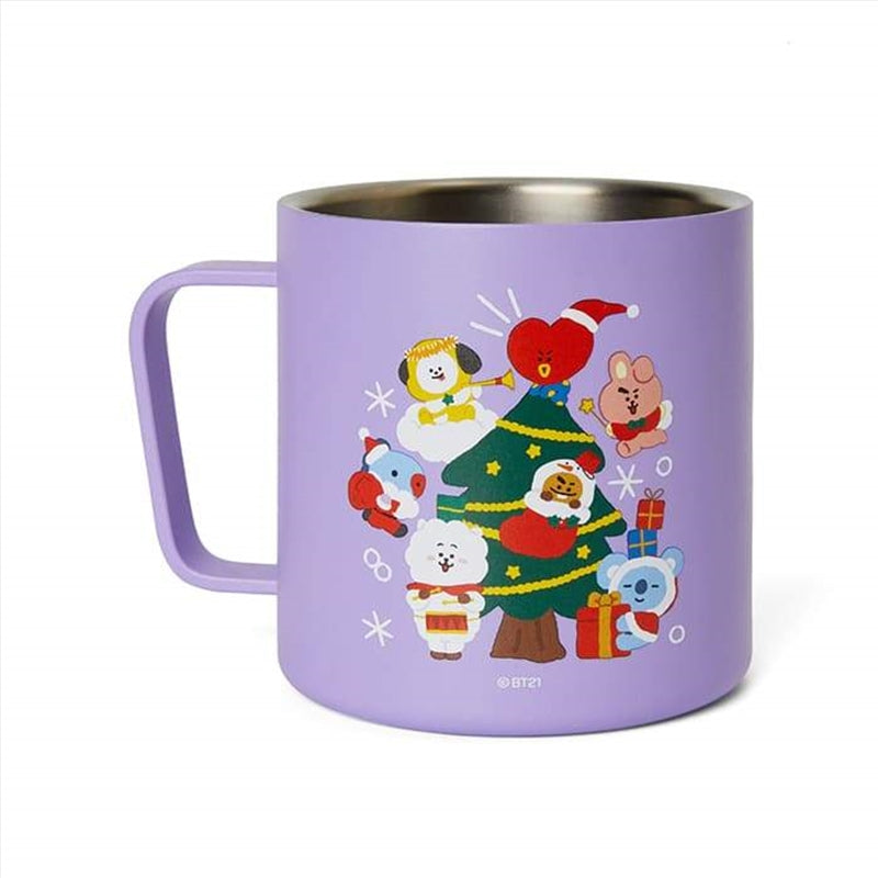 BTS Holiday Edition Steel Mug in subtle lilac tones, perfect for hot beverages during the festive season.