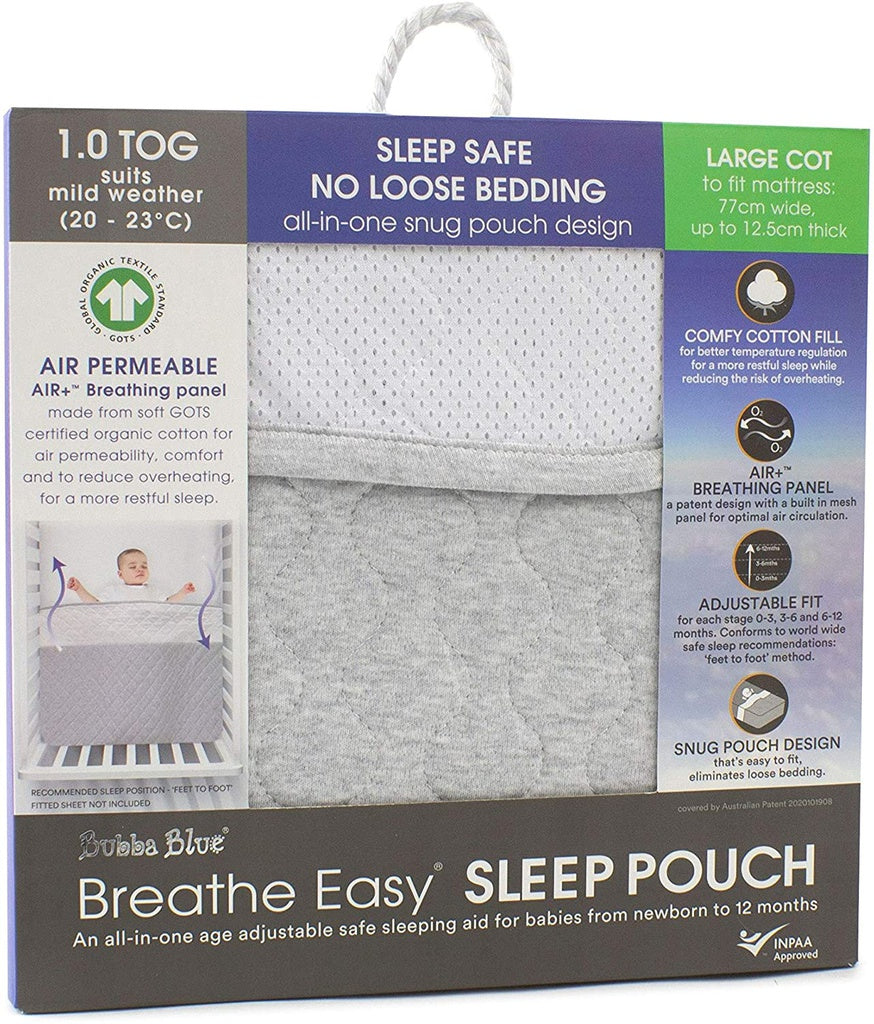 Bubba Blue Breath Easy 1.0 Tog Large Cot sleep pouch in soft cotton, designed for safe infant sleep.