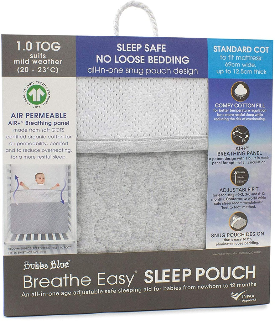 Bubba Blue Breath Easy 1.0 Tog Standard sleep pouch in soft cotton, designed for safe baby sleep with breathable features.