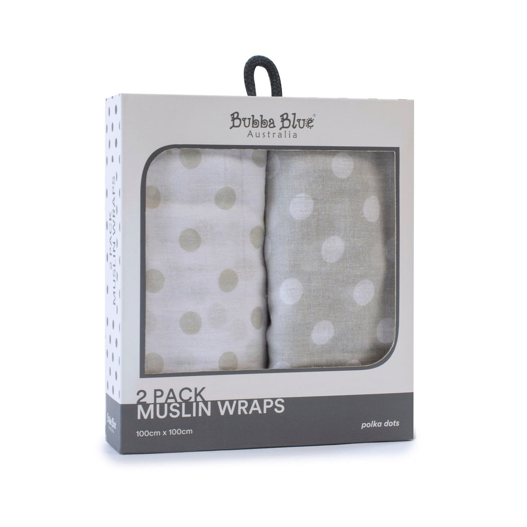 Bubba Blue Grey Polka Dots 2Pk Muslin Wraps featuring soft cotton muslin fabric with a stylish polka dot pattern, perfect for swaddling newborns.