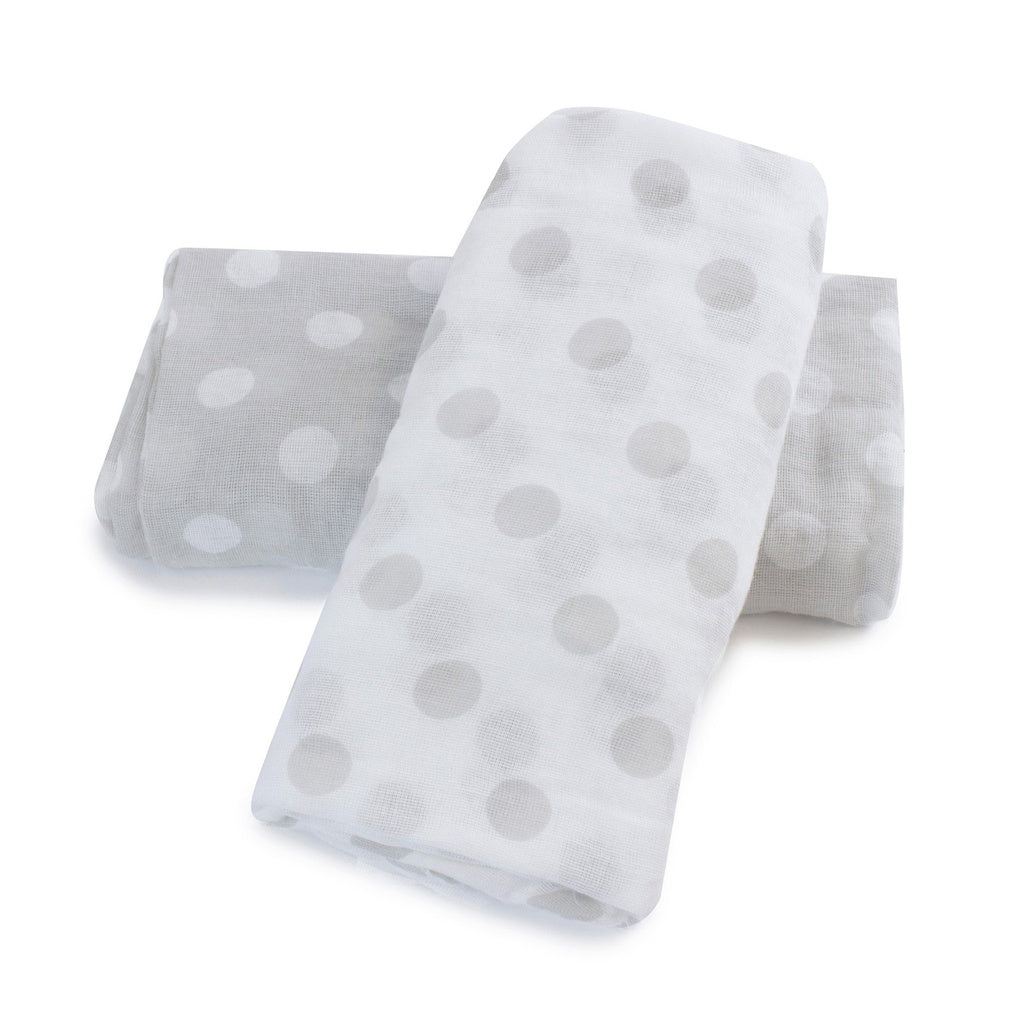 Bubba Blue Grey Polka Dots 2Pk Muslin Wraps featuring soft cotton muslin fabric with a stylish polka dot pattern, perfect for swaddling newborns.