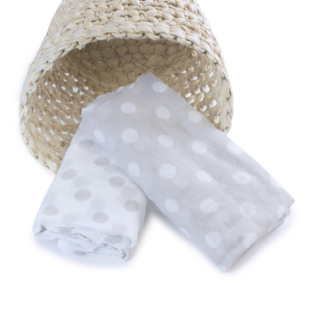 Bubba Blue Grey Polka Dots 2Pk Muslin Wraps featuring soft cotton muslin fabric with a stylish polka dot pattern, perfect for swaddling newborns.