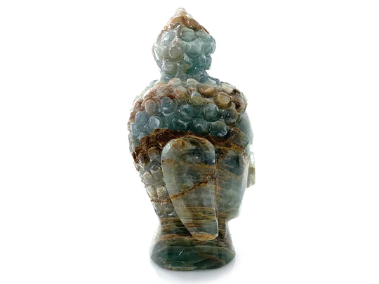 Hand carved Onyx Buddha head decorative accent piece in various colors, showcasing intricate details and craftsmanship.