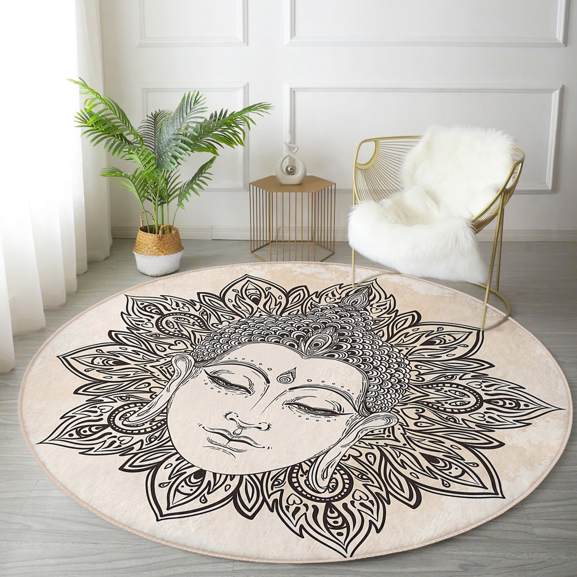 Buddha Pattern Boho Home Washable Round Rug featuring intricate design and soft velvet fabric, ideal for stylish home decor.