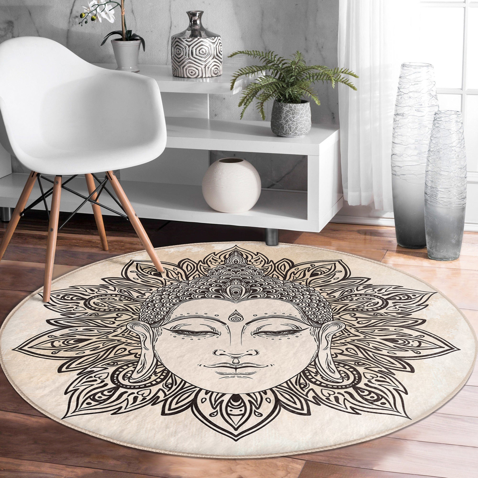 Buddha Pattern Boho Home Washable Round Rug featuring intricate design and soft velvet fabric, ideal for stylish home decor.