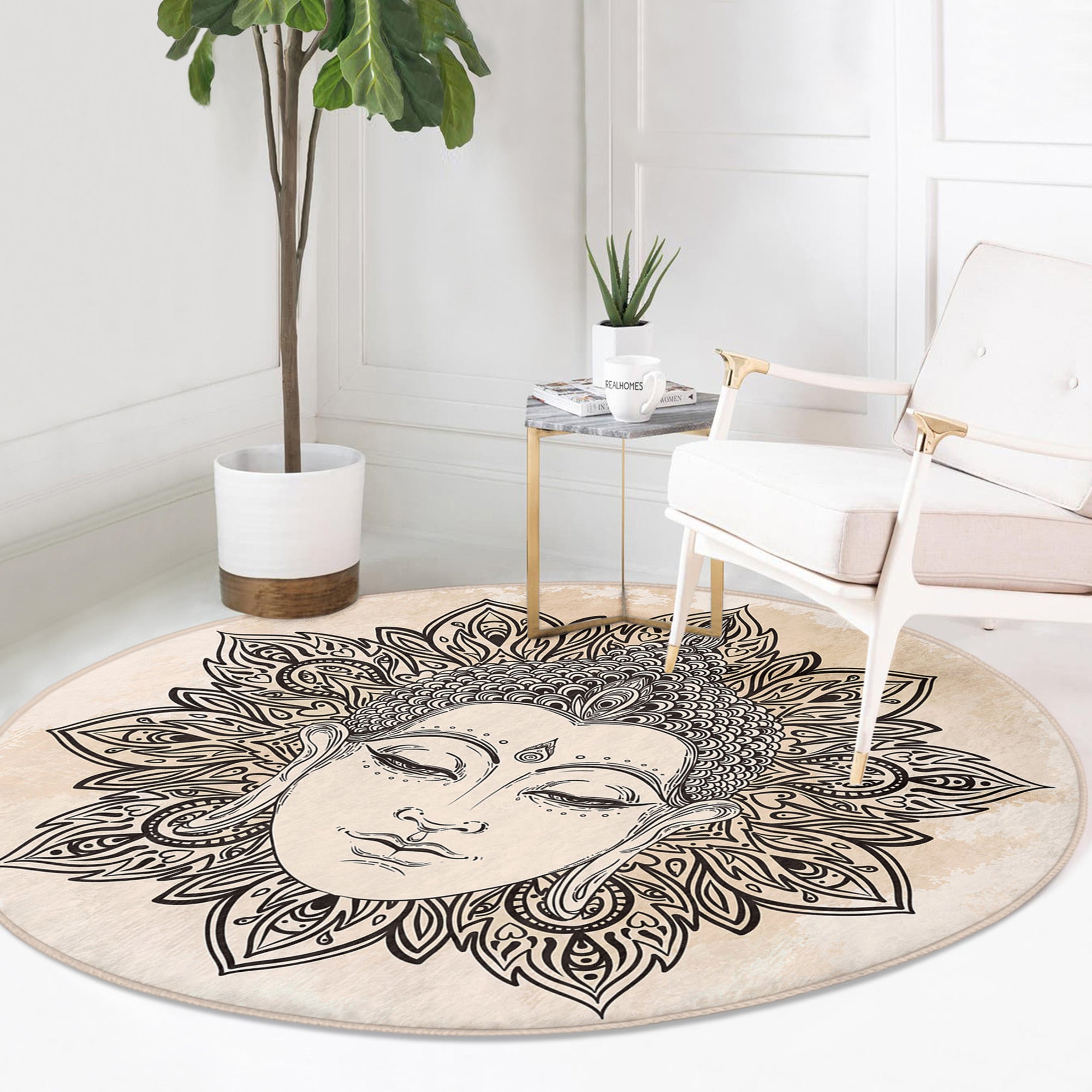 Buddha Pattern Boho Home Washable Round Rug featuring intricate design and soft velvet fabric, ideal for stylish home decor.