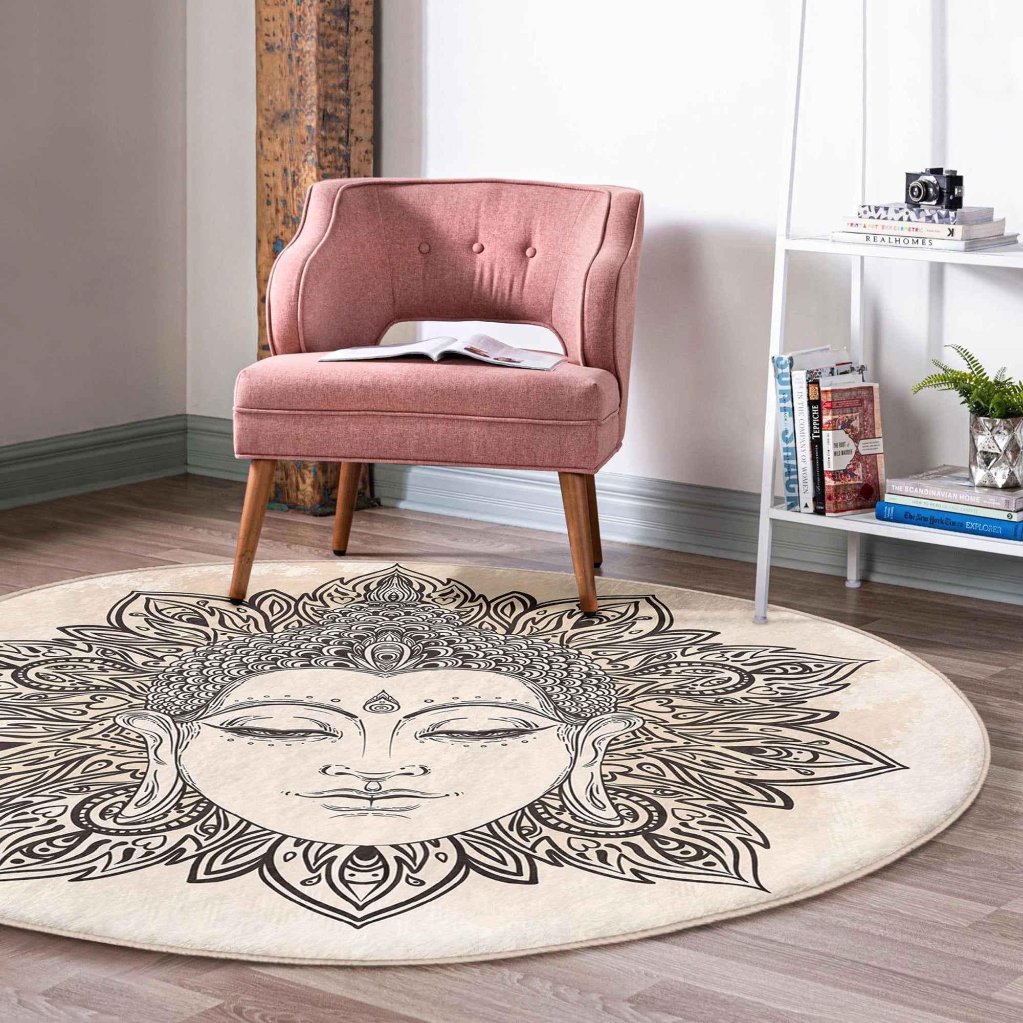 Buddha Pattern Boho Home Washable Round Rug featuring intricate design and soft velvet fabric, ideal for stylish home decor.