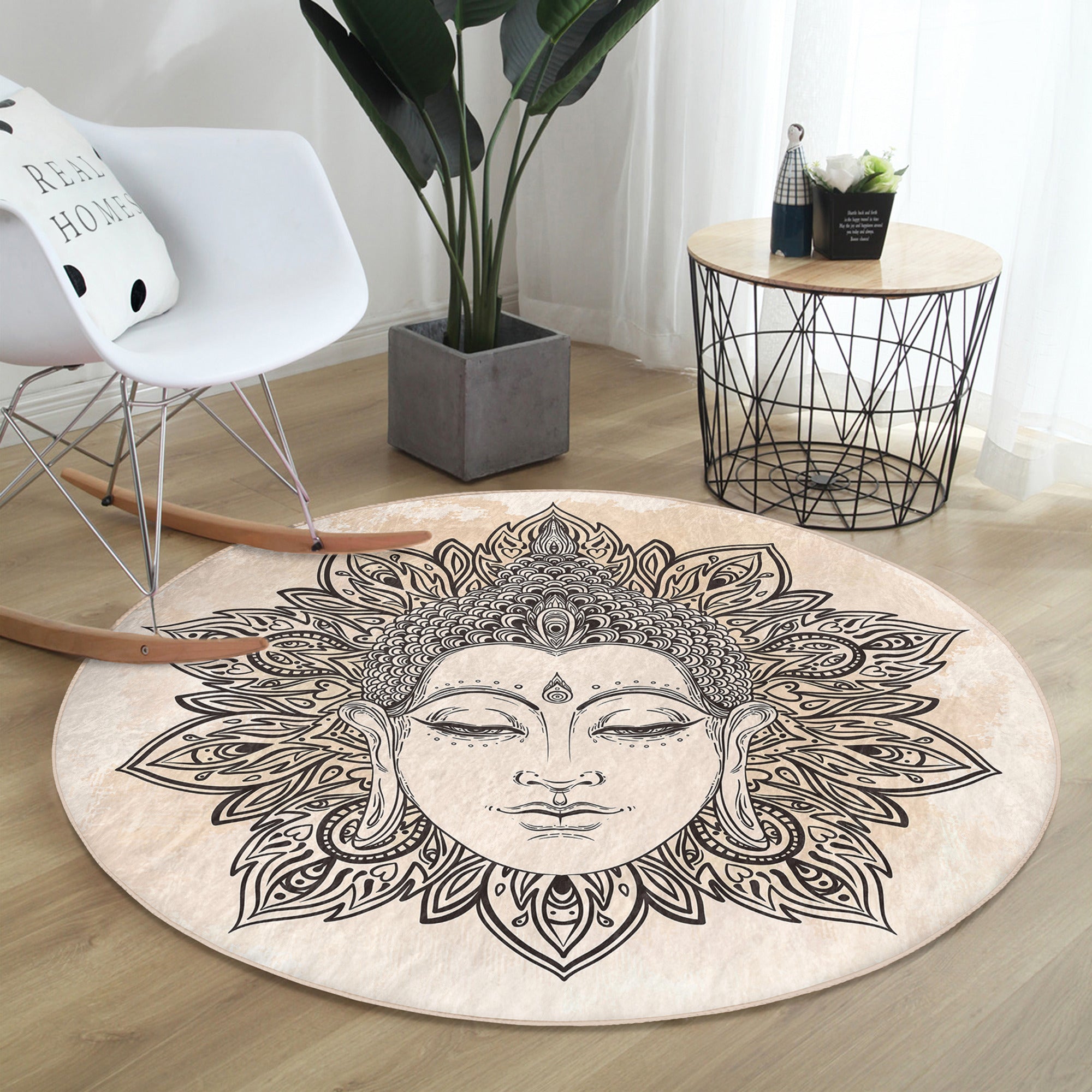 Buddha Pattern Boho Home Washable Round Rug featuring intricate design and soft velvet fabric, ideal for stylish home decor.