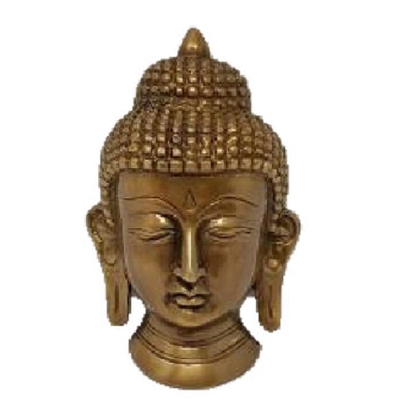 A beautifully handcrafted antique brass Buddha head wall hanging, showcasing intricate details and a serene expression, perfect for home decor.